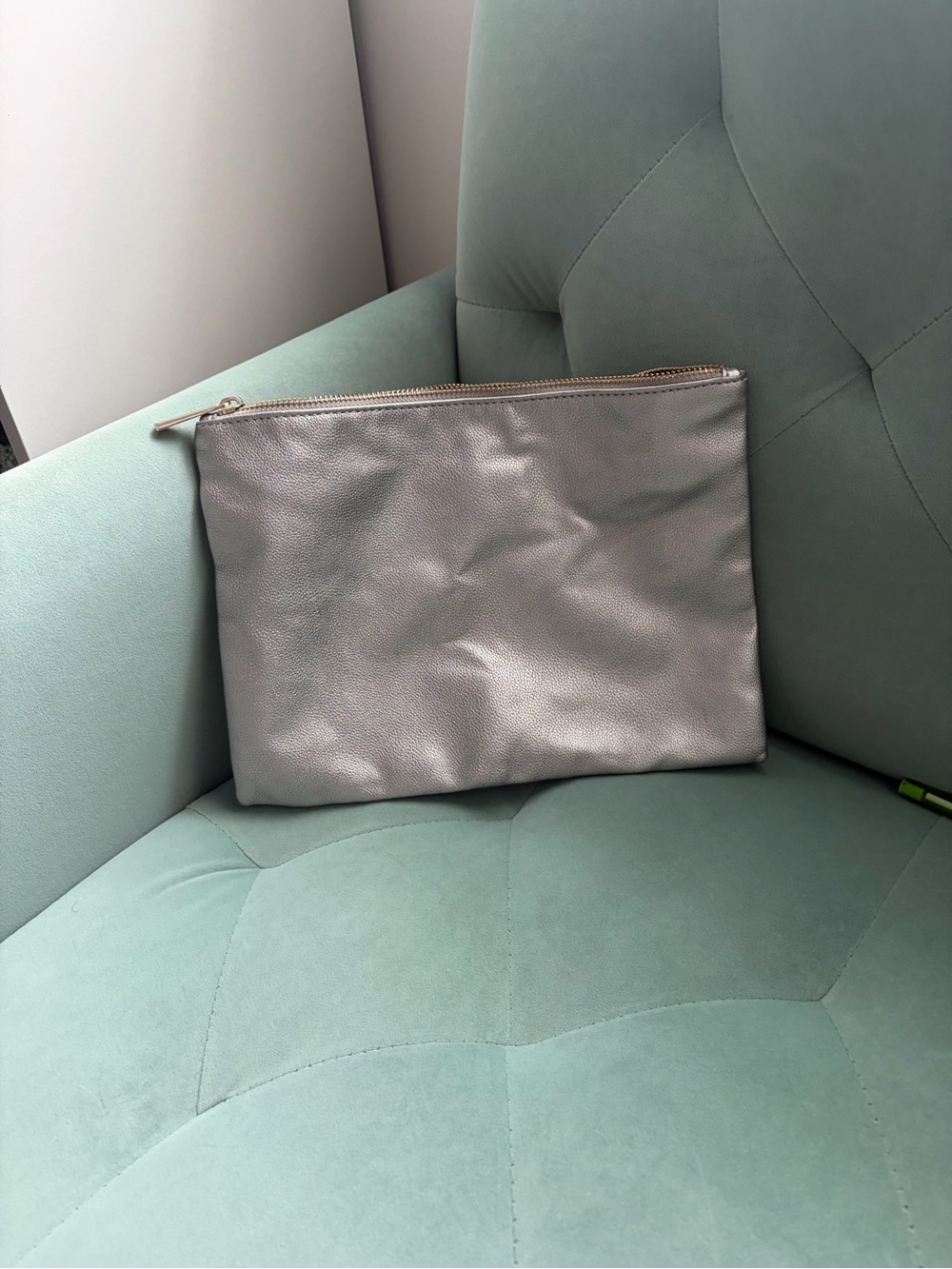 Metallic Silver Leather Zip Pouch